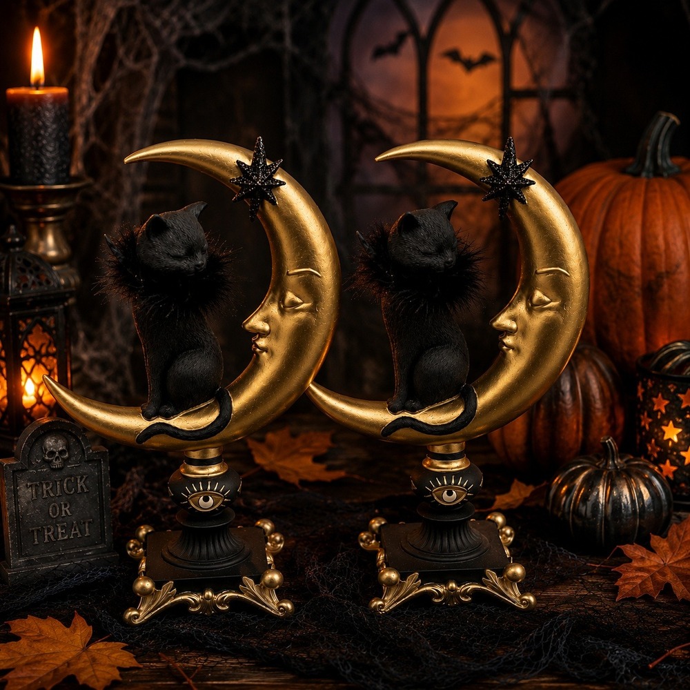 Black Cat on Crescent Moon Gothic Halloween Decor Gold Celestial Shelf Figurine